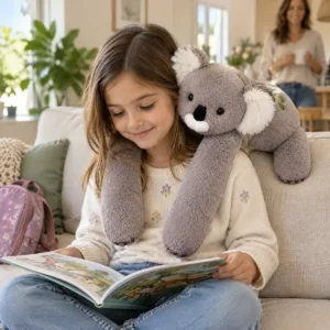 Dziewczynka czyta książkę na kanapie, na jej ramionach leży koala Otulak, w tle mama z kubkiem