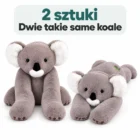 Dwie identyczne szare koale na białym tle, jedna siedzi, druga leży