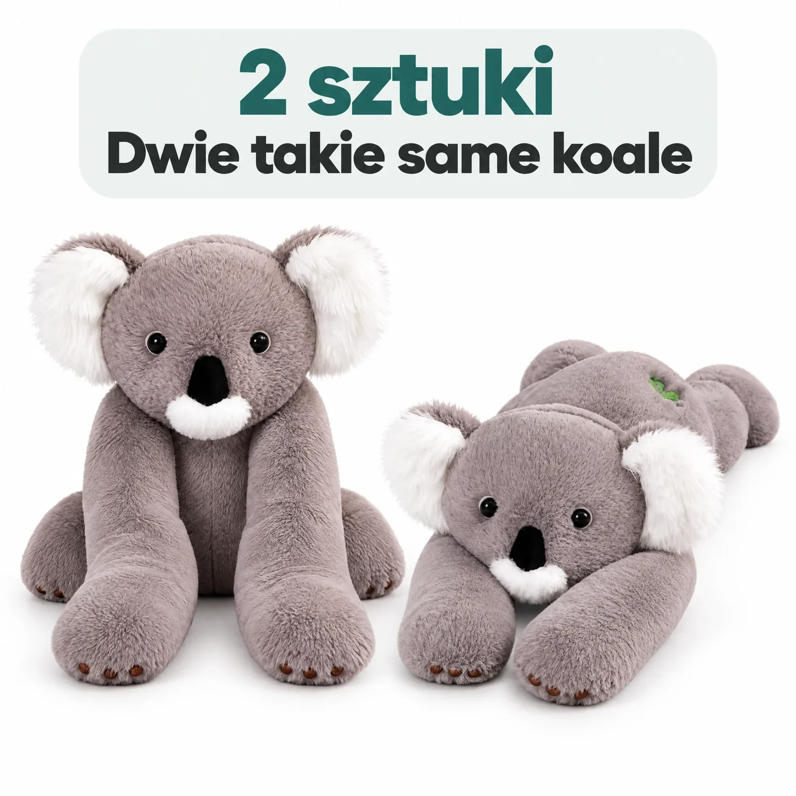 Dwie identyczne szare koale na białym tle, jedna siedzi, druga leży